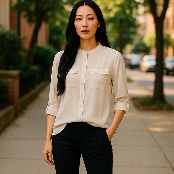 MNG Mango Minimalist Cream Long Sleeve Blouse XS Business Casual Officewear - Picture 1 of 8
